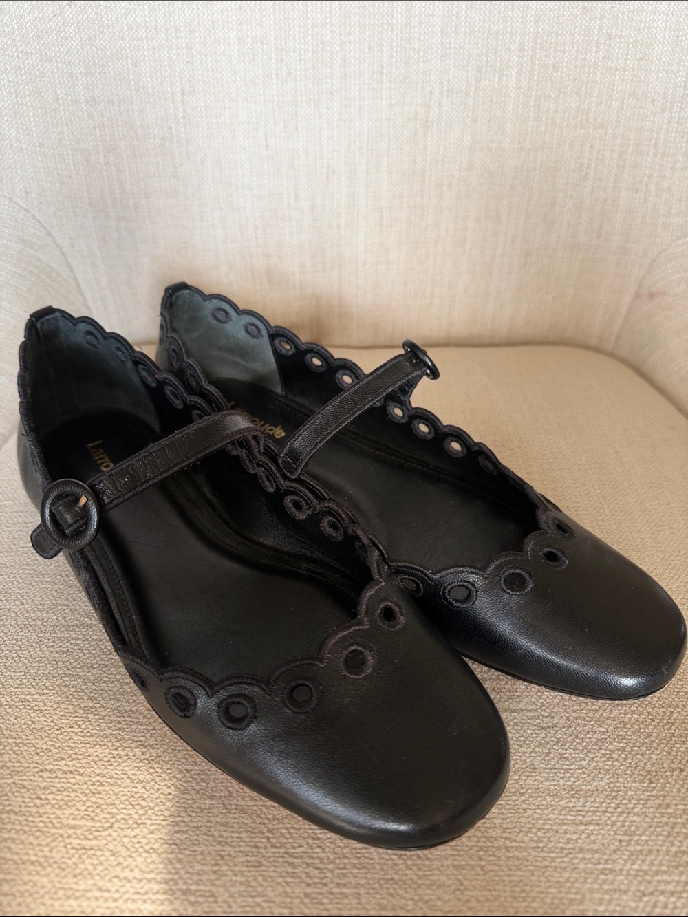 Larroude Black Scalloped Mary Jane Flats